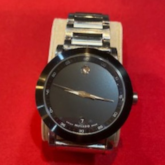 MOVADO SILVER WATCH WITH BLACK FACE - Picture 1 of 5